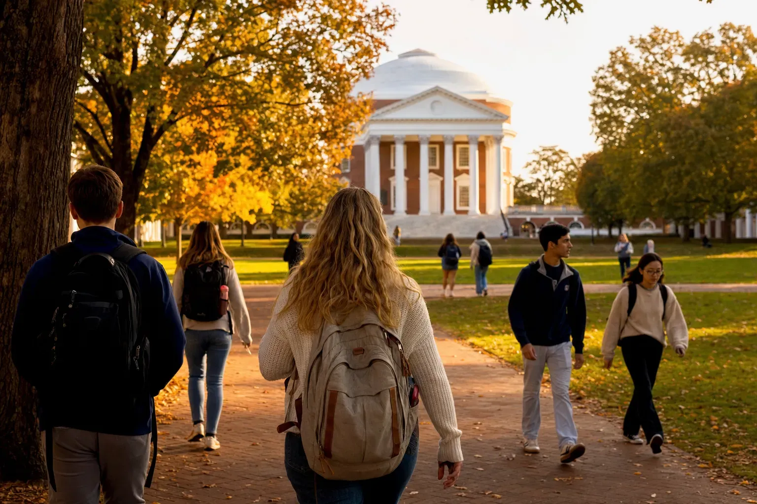 A realistic campus photograph of the iconic landmarks of University of Virginia with students walking