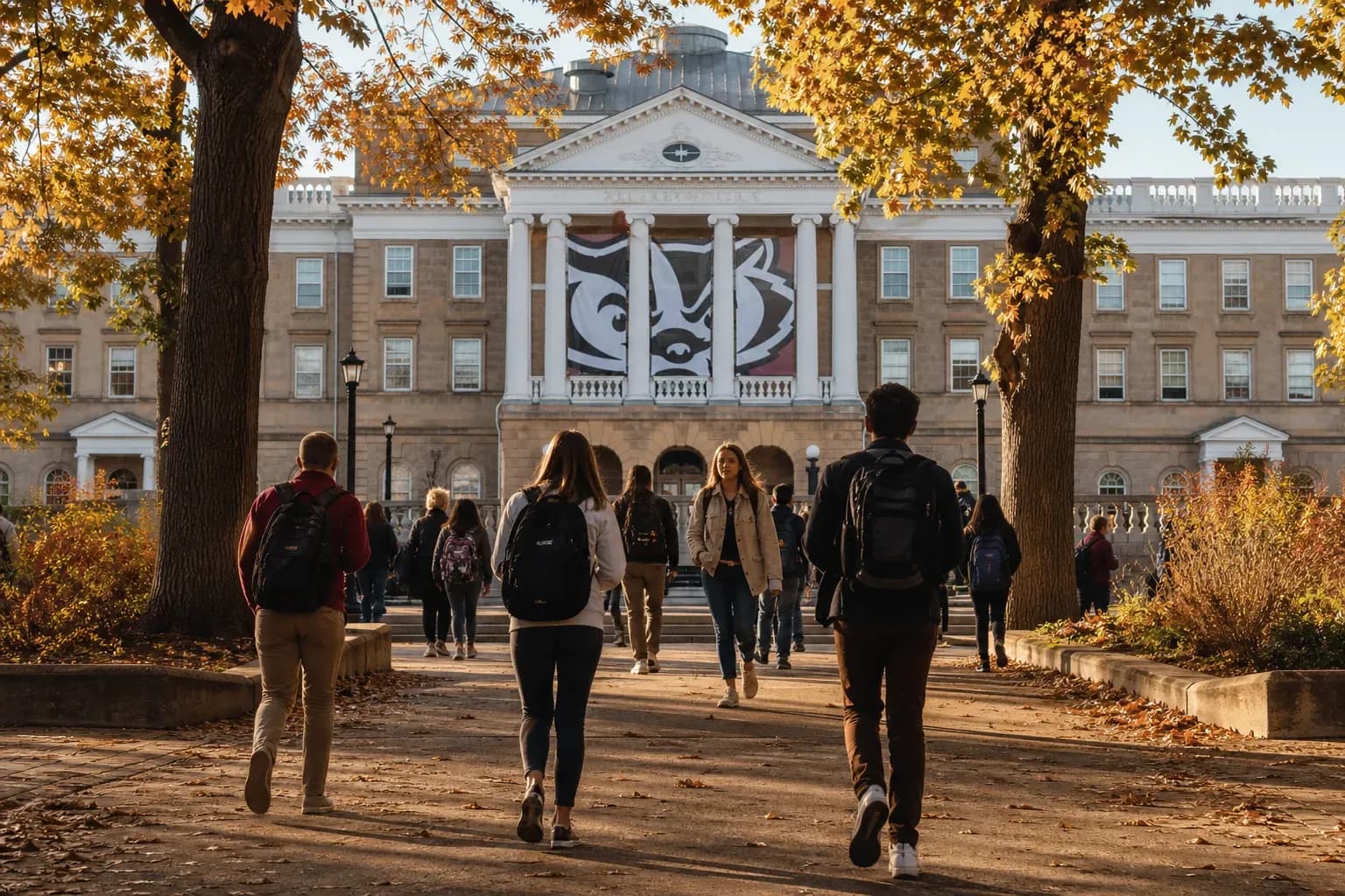 A realistic campus photograph of the iconic landmarks of UW Madison with students walking
