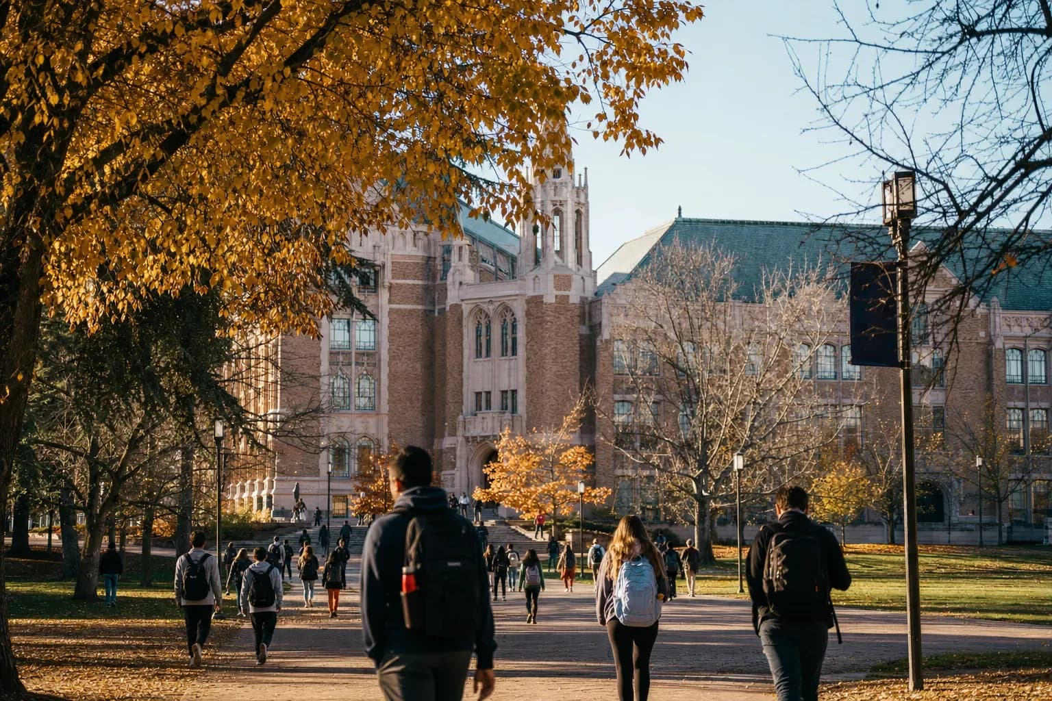 A realistic campus photograph of the iconic landmarks of UW Seattle with students walking
