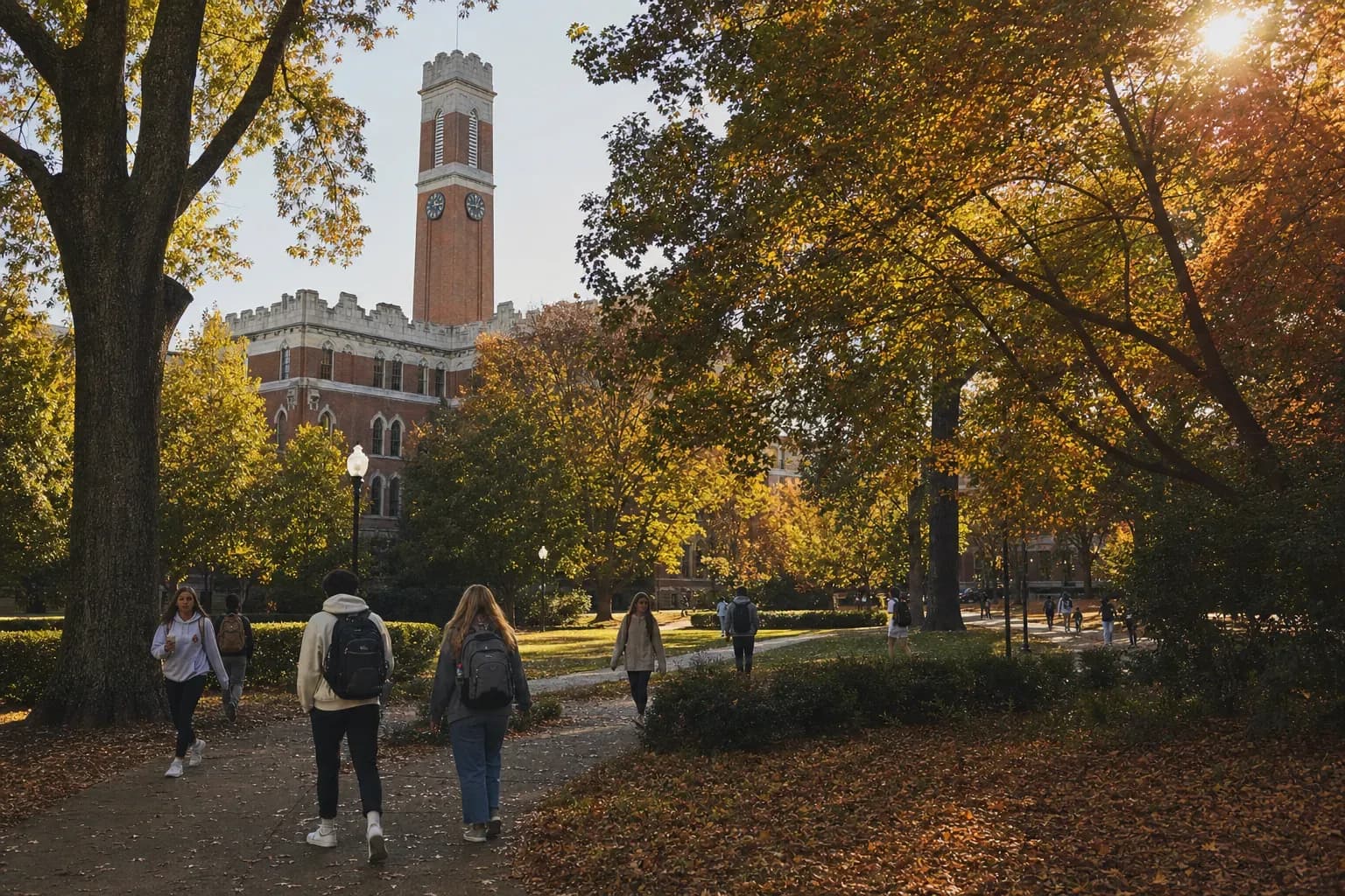 A realistic campus photograph of the iconic landmarks of Vanderbilt University with students walking