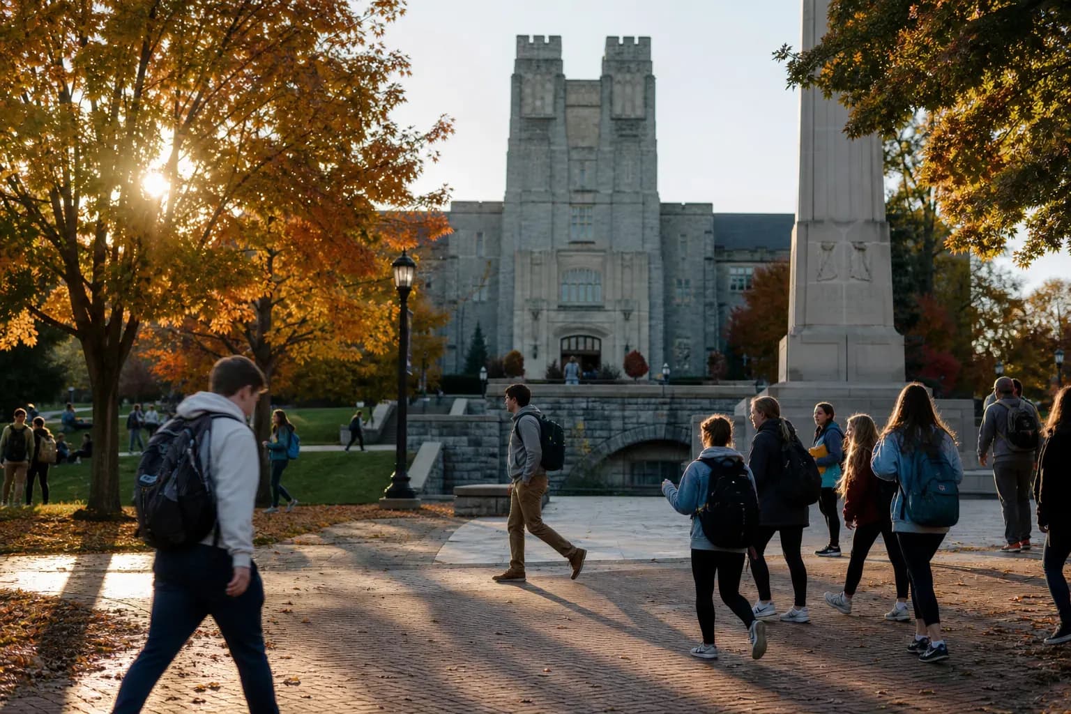 A realistic campus photograph of the iconic landmarks of Virginia Tech with students walking