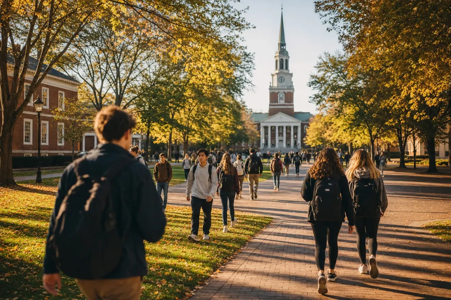 A realistic campus photograph of the iconic landmarks of Wake Forest University with students walking