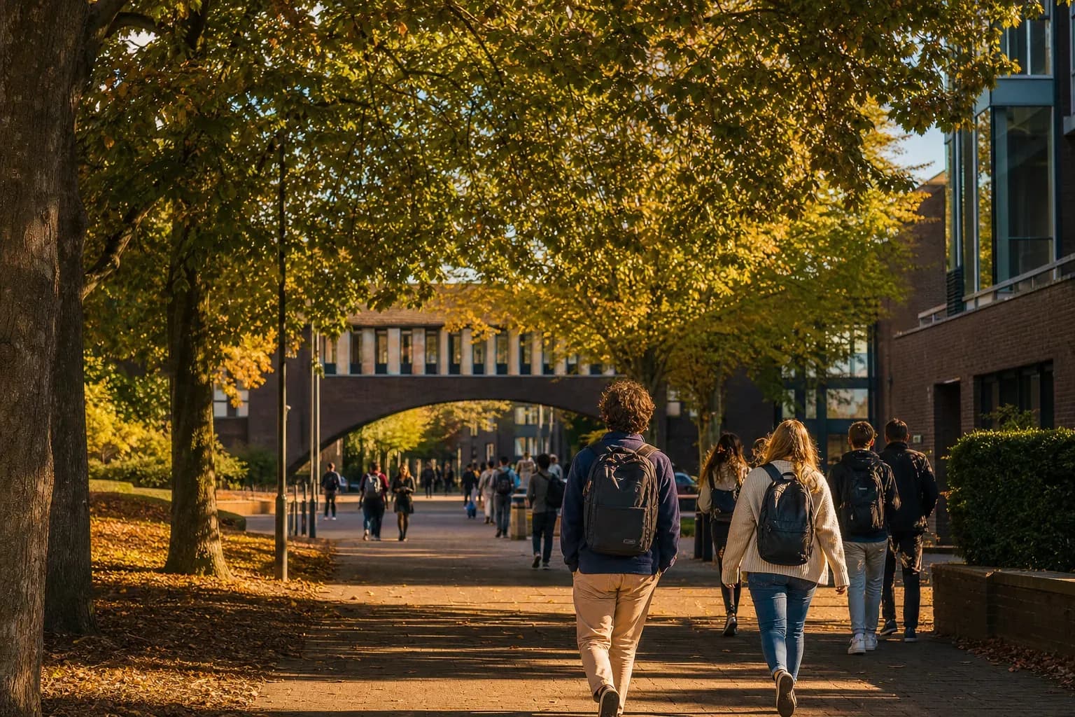 A realistic campus photograph of the iconic landmarks of University of Warwick with students walking