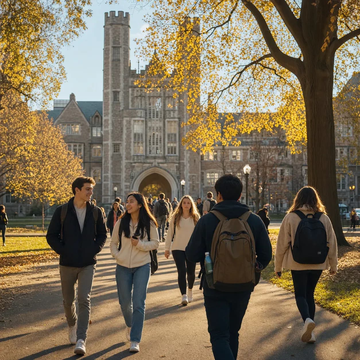 A realistic campus photograph of the iconic landmarks of Washington University in St. Louis with students walking