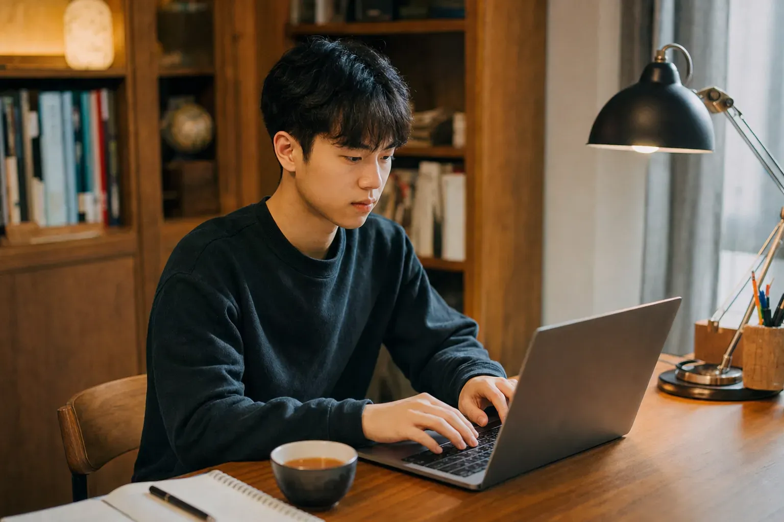 A focused student writing a college application essay on a laptop in a cozy study room
