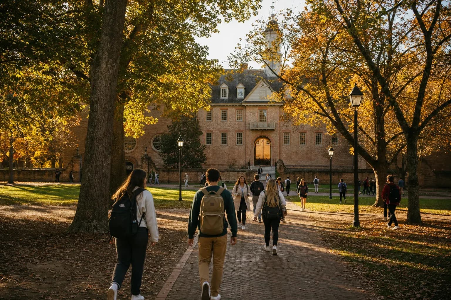 A realistic campus photograph of the iconic landmarks of William & Mary with students walking