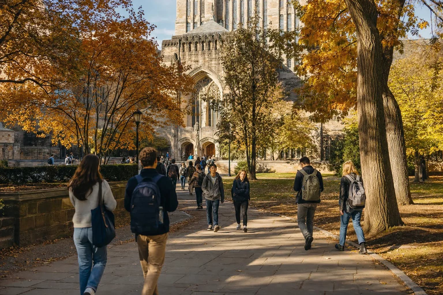 A realistic campus photograph of the iconic landmarks of Yale University with students walking