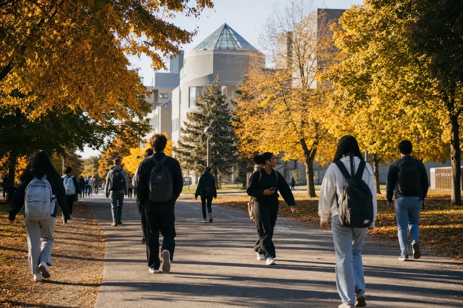 A realistic campus photograph of the iconic landmarks of York University with students walking