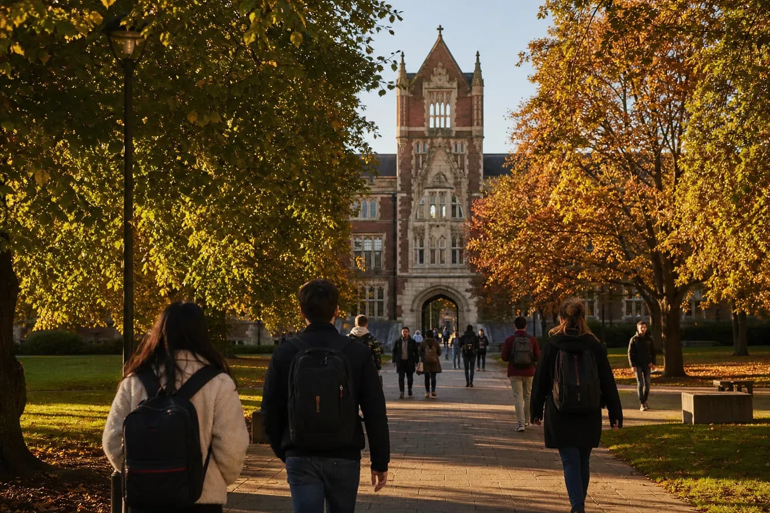 A realistic campus photograph of the iconic landmarks of University of York with students walking